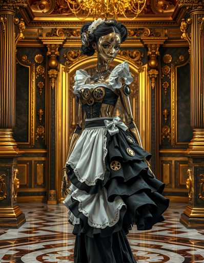 A woman dressed as a steampunk character stands in front of a grand room with gold columns and a chandelier. The woman is wearing a black and white dress with a ruffled skirt and a corseted bodice that features a bustle at the back.