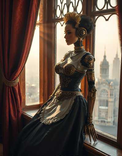 The image depicts a highly detailed, computer-generated scene of a Victorian-style robotic woman seated on a wooden windowsill. She is adorned in a black dress with intricate gold accents, including a corset-like bodice and a white apron-like skirt. Her head is crowned with a gold headdress, and she wears a pair of ornate headphones. The woman's neck is metallic, and her arms are made of gold, ending in hands with long, pointed fingers. Her hair is styled in a bun, and she has a serious expression as she gazes out the window. The window is framed in wood, and a red curtain is pulled back to the left. Outside, the scene is set in a city with tall buildings, including a prominent church with a dome and spire, under a gray sky. The overall atmosphere is one of Victorian elegance combined with futuristic robotics.