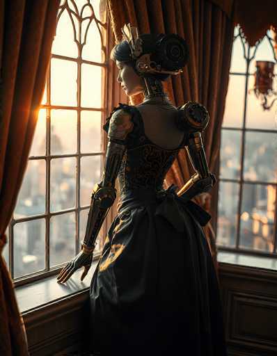 The image depicts a highly detailed, computer-generated scene of a female robot standing in a sunlit room. The robot, with a distinctly feminine appearance, has black hair styled in an elaborate updo adorned with a feather and a metallic headpiece. She is dressed in a Victorian-inspired black gown featuring intricate gold embroidery and lace detailing, with a corset-like bodice and a large bow at the waist. Her arms and hands are made of metal, and she has a mechanical neck. The robot stands with her left hand on the windowsill and her right hand on her hip, gazing out of a large, multi-paned window. The window is framed by brown curtains pulled back to allow sunlight to flood the room, casting a warm glow on the robot's dress. The background reveals a cityscape with tall buildings, suggesting she is in a high-rise building. The overall ambiance is one of serene contemplation as the robot takes in the view outside.