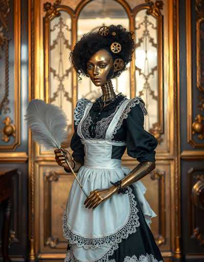 This image portrays a striking, AI-generated depiction of a woman with a distinctly steampunk aesthetic. She has dark skin and voluminous, curly black hair adorned with gears and other metallic elements, giving it a futuristic look. Her face is made of a gold-colored metal, with a black band running from her ear to her neck, which is also metallic and segmented. Her neck appears unusually long and thin, resembling a series of metal rings. She is dressed in a Victorian-style black dress with intricate lace details, complemented by a white apron. Her arms are made of gold-colored metal, with her right hand holding a white feather duster. The background features an ornate, gold-framed mirror with a black border, adding to the overall luxurious and mechanical ambiance of the scene.