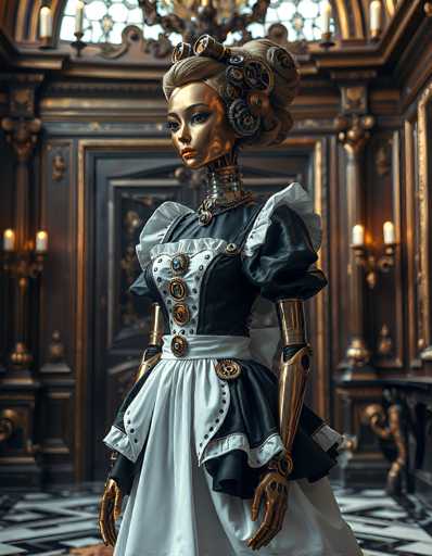 The image depicts a highly detailed, computer-generated scene of a Victorian-style room with a striking focal point: a humanoid robot dressed as a maid. The robot, which has a distinctly feminine appearance, features a gold-colored head and neck, with intricate gears and cogs adorning its hair. Its face is human-like, with a gold hue and red lips, and it has a long, slender neck. The robot's body is clad in a black and white maid's dress, complete with a white apron, puffy sleeves, and a white belt. The dress is adorned with various jewels and gears, adding to its steampunk aesthetic. The robot's arms are gold and metallic, ending in hands with three fingers and a thumb each. 

The room itself is opulent, with dark brown walls and a black and white checkered floor. The walls are adorned with gold trim and intricate designs, and there are sconces on either side of the robot, each holding two lit candles. A large, ornate window with a gold frame is visible behind the robot, and a chandelier hangs from the ceiling, adding to the room's grandeur. The overall scene combines elements of Victorian elegance with futuristic technology, creating a captivating and detailed visual experience.
