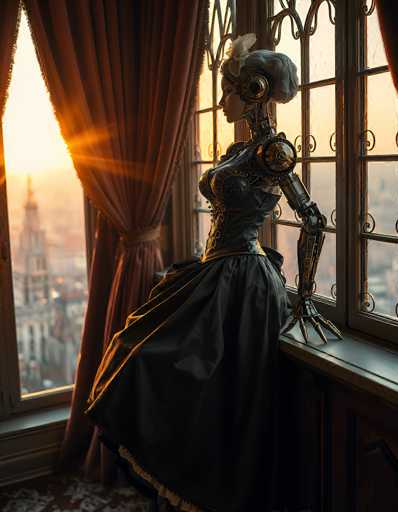 The image depicts a highly detailed, computer-generated scene of a female robot standing in the corner of a room with large windows. The robot, which has a distinctly feminine appearance, features short gray hair and a flower tucked behind her ear. She is dressed in a Victorian-style black gown with a bustier top and a long skirt that flares out at the bottom. Her metallic body is adorned with gears and cogs, particularly noticeable in her neck and shoulders, and she has a long, slender neck and a small head. The robot's right hand rests on the windowsill, while her left hand is positioned behind her. She gazes out the window, which is framed by a red curtain tied back with a red sash. The window offers a view of a cityscape bathed in the warm hues of a setting sun, with buildings and a prominent tower visible in the distance. The room's floor is covered with a red carpet featuring a white floral pattern, adding to the intricate details of the scene.