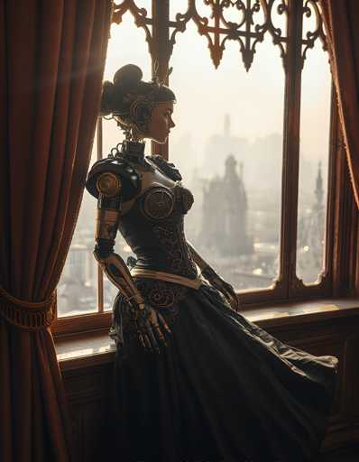 A statue of a woman dressed in a long black dress with gold accents and a crown on her head is positioned by a window overlooking a cityscape.