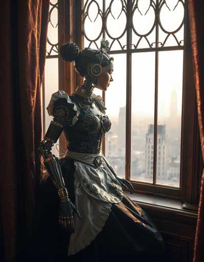 A woman dressed as a steampunk character is seated on a window sill with her back to the viewer and wearing a black dress with gold accents and a white headband. The window behind her offers a view of a city skyline in the distance.
