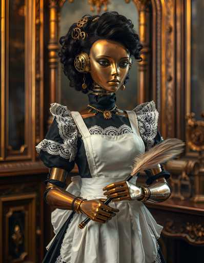 A woman dressed as a steampunk character stands in front of a mirror with gold accents and a wooden frame. She wears a white dress with black lace sleeves and holds a feather duster in her right hand.