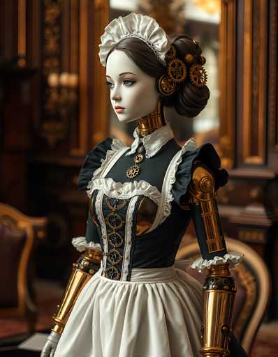 This image depicts a highly detailed, computer-generated Victorian-era robot maid. The robot features a humanoid form with a distinctly feminine appearance, characterized by a white face, blue eyes, and pink lips. Her brown hair is styled in a bun adorned with gears and other mechanical elements. She wears a white bonnet and a black dress with intricate gold accents, including a corset-like front and puffy sleeves. The dress is complemented by a white apron that extends to her knees. Her arms are made of gold-colored metal, with visible joints at the elbows and wrists. The background is blurred, revealing a wooden room with a chair and a wall sconce, adding to the vintage ambiance of the scene.