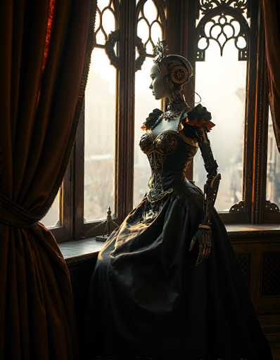 The image depicts a highly detailed, computer-generated scene of a female robot seated in a regal, castle-like setting. The robot, with a distinctly feminine appearance, is adorned in a black dress featuring a bustier top and a flowing skirt. Her head is crowned with a regal headpiece, and her neck is encircled by a necklace. The robot's right arm is visible, showcasing a mechanical design, while her left arm is obscured by the dress. She sits on a wooden ledge, gazing out of a large, ornate window framed by dark red curtains. The window, with its intricate wooden designs and circular patterns, offers a view of a hazy, light-filled cityscape. The overall ambiance suggests a blend of futuristic technology and medieval architecture, creating a striking contrast between the robot's mechanical form and the grand, historical setting.