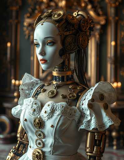 The image depicts a highly detailed, computer-generated illustration of a female robot with a distinctly Victorian aesthetic. The robot's head is adorned with an array of gears, cogs, and metal components, giving it a steampunk appearance. Her face is white with striking blue eyes, red lips, and thin eyebrows, while her neck features a gold band with visible mechanical parts. She wears a white dress with puffy sleeves and intricate lace detailing, complemented by a gold necklace. Her arms are made of brass or copper, adding to the mechanical theme. The background is blurred but suggests a grand, ornate room with gold and bronze accents, possibly resembling a throne room or castle interior. The overall color palette includes shades of gold, bronze, white, and hints of red, enhancing the luxurious and elaborate feel of the scene.