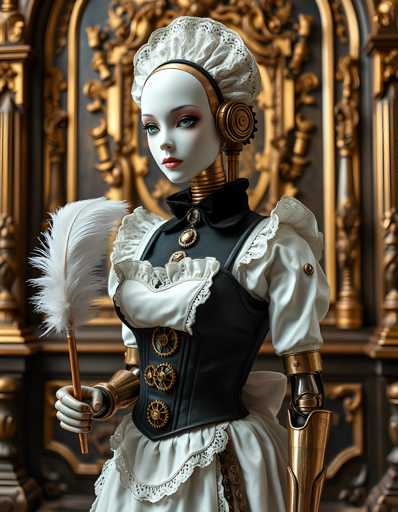 A meticulously crafted doll dressed in a white dress with gold accents and a black corset stands against the backdrop of an ornate room featuring gold walls and a large window draped with gold curtains. The doll is holding a feather duster in her right hand.