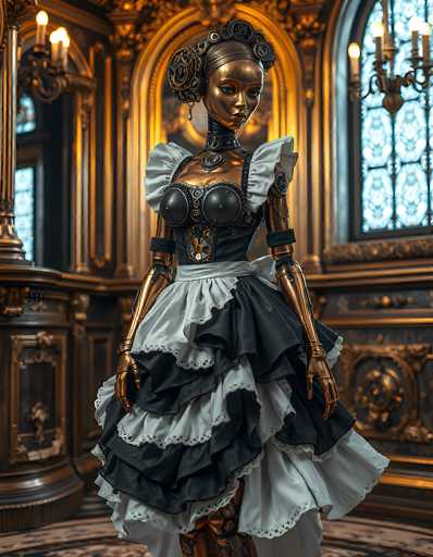 The image depicts a highly detailed, computer-generated scene of a bronze or copper-colored robot standing in an opulent, golden room. The robot, which has a distinctly feminine appearance, is adorned in a black and white maid's outfit complete with a corset, puffy sleeves, and an apron. Its head is crowned with a metallic headpiece featuring roses, and its long neck is encircled by a black band. The robot's face, with a bronze hue, is turned slightly to the right, gazing downward. The room around it is lavishly decorated with gold accents, intricate carvings, and a chandelier hanging from the ceiling. Large windows with stained glass panels allow light to filter into the space, enhancing the room's grandeur. The floor is covered with a richly designed carpet, adding to the overall luxurious atmosphere.