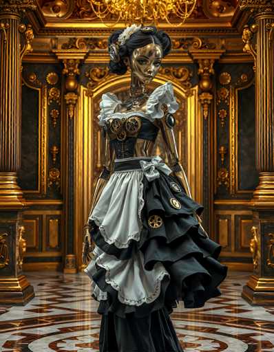 The image depicts a highly detailed, computer-generated scene of a female robot standing in an opulent, gold-adorned room. The robot, with a metallic gold body and black hair styled in an elaborate updo, exudes a steampunk aesthetic. She wears a black and white maid's outfit, complete with a corset-like top, puffy sleeves, and a layered skirt. Her attire is accentuated with gears and clockwork elements, particularly around her chest and waist. The robot's face is shiny and metallic, adding to her futuristic appearance. She stands on a white marble floor with intricate brown designs, surrounded by gold pillars and ornate decorations. The room's grandeur is further emphasized by the gold accents on the walls and ceiling, creating a luxurious backdrop for this striking robotic figure.