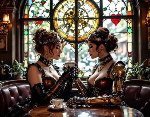 In this captivating image, two women are seated at a round wooden table in a cozy booth, surrounded by the warm ambiance of a restaurant. The booth features plush brown leather seating, and the backdrop is adorned with a stunning stained glass window that adds a touch of elegance to the scene. The women are engaged in a charming tea time, each holding a teacup and saucer.

The woman on the left is dressed in a striking outfit that blends Victorian and futuristic elements. She wears a black leather choker with a pendant, complemented by a corset and a long skirt. Her ensemble is accentuated by black leather gloves that extend up to her elbows, and a pair of goggles rest on her forehead. Her hair is styled in an intricate updo, adding to her unique appearance.

Her companion on the right mirrors this fusion of old and new with a similar aesthetic. She sports a black leather choker and a corset, but her left arm is a gleaming gold robotic limb, adding a futuristic twist to her look. She, too, has her hair elegantly styled in an updo, and a pair of goggles sits on her forehead.

Both women are adorned with dangling earrings, further enhancing their distinctive style. The image beautifully captures the juxtaposition of Victorian-era elegance and modern steampunk elements, creating a visually stunning and imaginative scene.