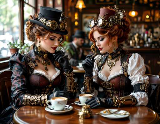 In this detailed and vibrant image, two women are seated at a round wooden table in a cozy café, surrounded by the warm glow of numerous lights and the blurred backdrop of other patrons. Both women are adorned in elaborate steampunk-inspired attire, featuring corsets, puffy sleeves, and intricate metal accessories. The woman on the left wears a black top hat embellished with gears and a choker necklace, while the woman on the right sports a brown hat with goggles perched atop her head and a matching choker. Their hair is styled in buns, and they both wear black gloves. The woman on the left has a cup of coffee in front of her, and the woman on the right holds a teacup. Both women are gazing down at their cups, seemingly deep in thought. The café's ambiance is enhanced by the presence of a man in a black hat and suit sitting at a nearby table, adding to the scene's rich, steampunk atmosphere.