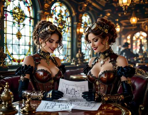 In this AI-generated image, two women are seated at a table in a luxurious restaurant, surrounded by large, ornate stained glass windows that allow light to filter through. Both women are dressed in elaborate steampunk-inspired attire, featuring corsets, leather straps, and black gloves. They have goggles perched on their heads and are adorned with intricate jewelry, including necklaces and earrings. Their hair is styled in buns, with loose strands framing their faces. The women are examining a piece of paper, which appears to be a map or architectural drawing, spread out on the table. The table itself is made of dark wood with a glass top, and there are various objects on it, including what seems to be a chess piece. The background is slightly blurred, revealing other tables and a waiter, adding to the ambiance of the setting.