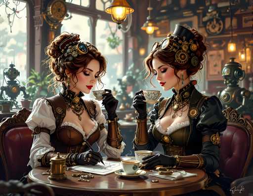 In this detailed digital illustration, two women are seated at a round wooden table, enjoying a cup of tea in a steampunk-themed setting. Both women are adorned in elaborate steampunk attire, featuring corsets and puffy sleeves, with intricate gold and bronze accents. The woman on the left wears a brown corset over a white shirt, while the woman on the right sports a black corset with bronze details. They both have their hair styled in buns and are wearing steampunk goggles perched on their foreheads. The woman on the left is writing on a piece of paper, and the woman on the right is holding a teacup. The table is set with a teapot and various tea accessories. Surrounding them are red chairs, and the background reveals a room filled with hanging lights, plants, and shelves adorned with robot-like figures and other steampunk elements. The scene is richly detailed, capturing the essence of a steampunk world.