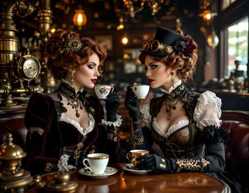 In this AI-generated image, two women are seated in a vintage-style restaurant booth, exuding an air of elegance and nostalgia. The woman on the left is adorned in a striking red dress, complemented by a black choker and a gold necklace. Her hair is styled in an intricate updo, accentuated by a gold barrette. She holds a white teacup with a gold rim, delicately bringing it to her lips. 

Her companion on the right mirrors her sophistication in a black dress with gold detailing, paired with a black choker and a matching gold necklace. She sports a black top hat embellished with two round goggles, adding a whimsical touch to her ensemble. Her hair is similarly styled in an updo, adorned with a black and red flower. She holds a gold teacup with a matching saucer, her gaze directed towards her friend.

The setting around them is richly detailed, with a brown table in front of them and a brown leather booth they sit in. The background features a window on the right, a chandelier hanging from the ceiling, and a gold-colored wall on the left, enhancing the luxurious ambiance of the scene.