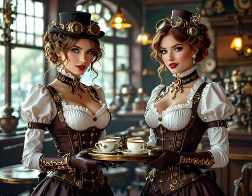 In this AI-generated image, two women are depicted in steampunk attire, standing in a blurred, indistinct background that suggests a coffee shop or similar setting. Both women are dressed in elaborate brown corsets with white frilly blouses underneath, complemented by brown leather gloves and chokers adorned with gold accents. Their hair is styled in intricate updos, each adorned with a top hat featuring steampunk elements such as gears, compasses, and goggles. The woman on the left wears a black top hat, while the woman on the right sports a brown top hat. They are both holding a gold tray with two teacups and saucers, and a teapot, adding to the vintage aesthetic. The overall scene is rich in detail, capturing the essence of steampunk fashion and a Victorian-era ambiance.