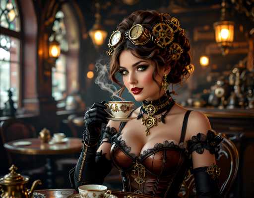 The image depicts a highly detailed, computer-generated scene of a woman seated at a table in a steampunk-themed café. She is adorned in a striking, old-fashioned dress with a brown corset and black lace sleeves, complemented by a choker necklace featuring a prominent gear. Her hair is styled in an elaborate updo, intricately decorated with gears and clock faces, and she wears steampunk goggles perched atop her head. The woman's makeup is bold, with bright red lipstick and heavy eye makeup, enhancing her captivating appearance. She holds a teacup and saucer in her gloved hands, from which steam rises, suggesting the presence of a hot beverage. The café's ambiance is richly detailed, with wooden tables, chairs, and walls, illuminated by lanterns that cast a warm glow. The background is slightly blurred, revealing other tables and chairs, a bar area, and windows that let in natural light, adding to the cozy yet mysterious atmosphere.