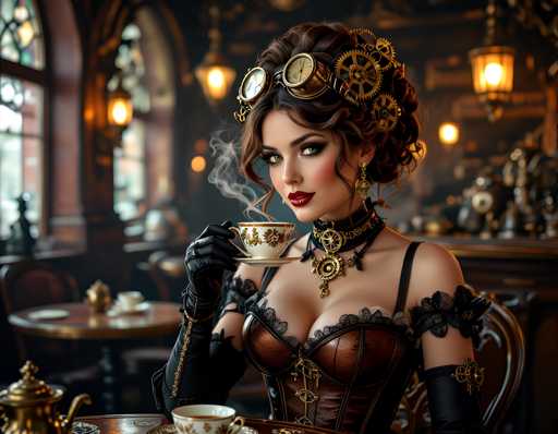 A woman with long brown hair is seated at a table in a dimly lit room, wearing a corset and a steampunk-inspired outfit that includes a headpiece adorned with gears and a gold chain necklace. She holds a cup of tea in her hands while looking directly into the camera. The background features a window with curtains and a lamp on a table next to it.
