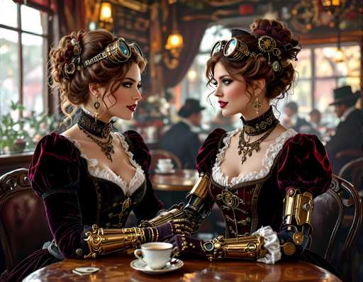 In this AI-generated image, two women are seated at a round wooden table in a Victorian-era restaurant, characterized by its ornate decor and bustling background. Both women are dressed in elaborate Victorian attire, featuring burgundy velvet dresses with white lace accents and black chokers adorned with gold jewelry. Their hair is styled in intricate updos with brown curls cascading down, and they each wear steampunk-inspired goggles perched atop their heads. The woman on the left has a gold mechanical arm, while the woman on the right has a similar mechanical limb on her left arm. They are engaged in conversation, with their hands resting on the table, which holds a white teacup and saucer. The restaurant's ambiance is enhanced by hanging lanterns and large windows that allow natural light to flood the space, creating a warm and inviting atmosphere.