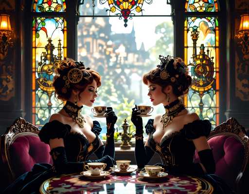 The image shows two women sitting at a table with a red and gold tablecloth. The woman on the left is wearing a black dress and has her hair styled in an updo. She is holding a cup of tea. On the right side of the table, there's another woman who is also dressed in a black dress but with a different hairstyle. Both women are wearing gold jewelry. They are seated at a window that offers a view of a castle and trees outside.