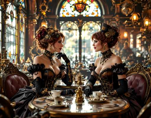In this AI-generated image, two women are seated at a round table in an opulent, Victorian-style restaurant. The setting is richly detailed, featuring a stained glass window and a grand chandelier hanging from the ceiling. The women are dressed in elaborate, black corseted gowns adorned with intricate gold designs. Their hair is styled in buns, embellished with ornate gold and black gears, and they wear matching black chokers. Both women are wearing long black gloves and have their chins resting on their hands, gazing at each other. The table is set with white teacups and saucers, and a gold teapot, adding to the luxurious atmosphere. The background is slightly blurred, revealing other diners and enhancing the focus on the two elegantly dressed women.
