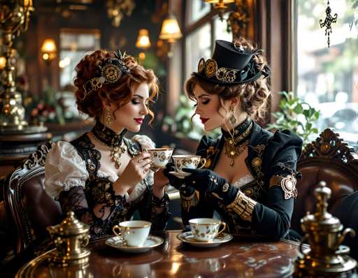 In this AI-generated image, two women are seated at a brown table in a luxurious, vintage-style restaurant. The ambiance is enhanced by chandeliers hanging from the ceiling and a window in the background, through which a street scene with a car is visible. Both women are dressed in elaborate, Victorian-inspired attire. The woman on the left has red hair styled in a bun and wears a black choker with lace sleeves, a white blouse, and a black corset. She holds a teacup and saucer in her right hand. The woman on the right, who has brown hair also styled in a bun, wears a black top hat adorned with gold and black accents, a black dress with gold trim, and black gloves. She holds a teacup and saucer in her left hand. Both women are adorned with gold jewelry, including necklaces and earrings. The table is set with a teapot and two teacups, contributing to the elegant, old-fashioned atmosphere.