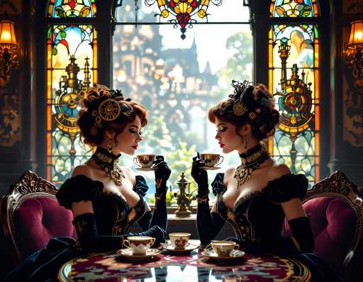 In this AI-generated image, two women are seated at a round table adorned with a burgundy tablecloth featuring a gold pattern. The table is set with teacups and saucers, each cup decorated with a red and white design. The women are dressed in elaborate black Victorian-style gowns with puffy sleeves and high necklines, complemented by black gloves. Their hair is styled in buns, adorned with intricate gold and black accessories, including gears and clock faces. The woman on the left has red hair, while the woman on the right has brown hair. Both women are holding teacups in their right hands, with their left arms resting on the table. They are seated in ornate burgundy chairs with gold trim. Behind them, large windows with stained glass designs in shades of blue, yellow, and orange frame the scene, revealing a view of a castle-like building and a tree outside. The room is softly illuminated by two lamps on either side of the windows, adding to the vintage ambiance.