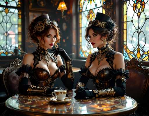 In this AI-generated image, two women are seated at a round table in a luxurious, Victorian-style room adorned with stained glass windows. Both women are dressed in elaborate steampunk attire, featuring corsets and intricate metal accessories. The woman on the left wears a brown corset with a matching brown hat adorned with gears, while the woman on the right sports a black corset and a black hat, also embellished with gears. They both have their hair styled in buns and wear long black gloves that extend to their elbows. The table in front of them is round and brown, with a teacup and saucer placed in the center. The room's background includes a wall with a lamp and three stained glass windows, adding to the rich, ornate ambiance.