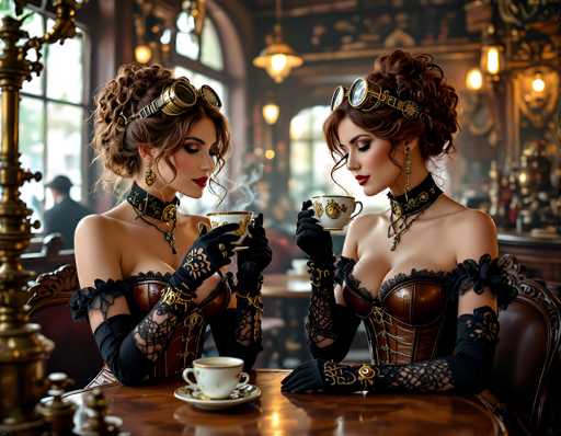 In this AI-generated image, two women are seated at a round wooden table in a vintage-style restaurant, exuding an air of steampunk elegance. Both women are dressed in identical brown corsets adorned with black lace and gold accents, complemented by black fishnet sleeves. They wear matching black chokers with intricate gold designs, and their hair is styled in elaborate updos with brown curls cascading down. Each woman sports a pair of gold and black steampunk goggles perched atop their heads, along with dangling earrings. Their black gloves feature delicate lace details, adding to their sophisticated appearance. They are sipping from white teacups with gold trim, and the table is set with a matching teapot. The background reveals a bar area with a bartender, a window, and other patrons, enhancing the ambiance of this quaint, old-fashioned establishment.