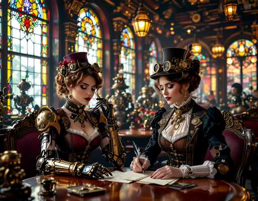 In this highly detailed, computer-generated image, two women are seated at a round, dark brown wooden table in an ornate, old-fashioned room. The room features large, arched stained glass windows with intricate designs in various colors, including red, yellow, blue, and green. The ceiling is adorned with hanging lanterns, adding to the room's vintage ambiance.

Both women are dressed in elaborate steampunk-inspired attire. The woman on the left wears a maroon hat with a feather, a maroon dress with gold accents, and has a mechanical arm. The woman on the right sports a black top hat with a feather, a black jacket over a brown dress, and also has a mechanical arm. They are both engaged in writing on a piece of paper with quills, suggesting a scene of meticulous note-taking or perhaps the drafting of an important document.

The table in front of them is cluttered with various items, including a small teacup, a cell phone, and a square object that could be a wallet or a book. The background reveals more tables and chairs, with other people seated, adding to the room's lively yet historical atmosphere.