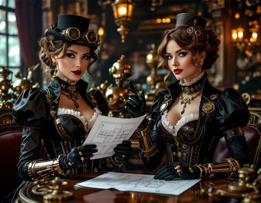In this AI-generated image, two women are seated at a round table, dressed in elaborate Victorian-era attire. They are wearing black dresses adorned with intricate gold accents, including ornate collars, shoulder pads, and arm cuffs. Both women are also wearing black gloves and top hats embellished with steampunk elements, such as gears and goggles. Their hair is styled in buns, and they sport red lipstick. The woman on the left is holding a piece of paper with a black design, while the woman on the right has two papers in front of her. The table they are seated at is dark brown with a gold trim, and the background features a blurred, ornate room with gold chandeliers and a window with a red curtain. The overall scene exudes a sense of Victorian-era elegance with a futuristic twist.