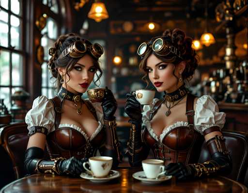 In this AI-generated image, two women are seated at a round wooden table in a bar or restaurant, both dressed in elaborate steampunk attire. They are wearing brown leather corsets with white puffy sleeves, black leather gloves, and goggles perched on their foreheads. Their hair is styled in buns, and they both have red lipstick. Each woman holds a teacup and saucer, with one cup featuring a gold design. The background is blurred, revealing a bar area with shelves and hanging lights, and a window to the left. The scene is illuminated by a chandelier above, casting a warm glow over the setting.
