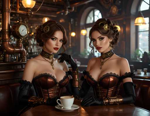 Two women wearing corsets and gold jewelry sit at a table with a white cup of coffee between them.