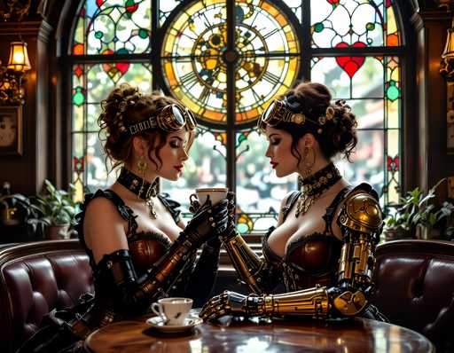 The image shows two women seated at a table with a cup and saucer on it. The woman on the left is wearing a black dress and has her hair styled in an updo. The other woman is dressed in a gold armor outfit and has her hair styled in braids. They are both holding cups of coffee, suggesting they might be enjoying a conversation or a break from their day.