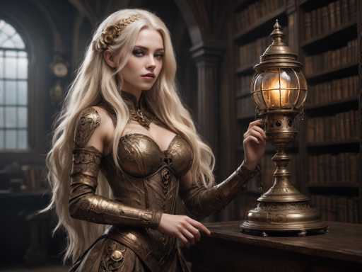 In this highly detailed, computer-generated image, a young woman with long, flowing blonde hair stands in a dimly lit, medieval-style library. Her hair cascades down her back, with a golden barrette adorning the right side of her head. She wears an elaborate, gold-colored dress that resembles a corset, complete with long sleeves and intricate designs. The dress features a chest plate and a skirt, with a prominent gold clasp at the waist. Her right hand rests on a dark wooden table, while her left hand holds a large, ornate lamp that emits a warm glow. The lamp, which has a wide base and a pointed top, is positioned on the table. Behind her, a bookshelf filled with old, brown leather-bound books lines the wall, and a window with an arched top is visible to the left. The scene is richly detailed, capturing the essence of a fantasy or medieval setting.
