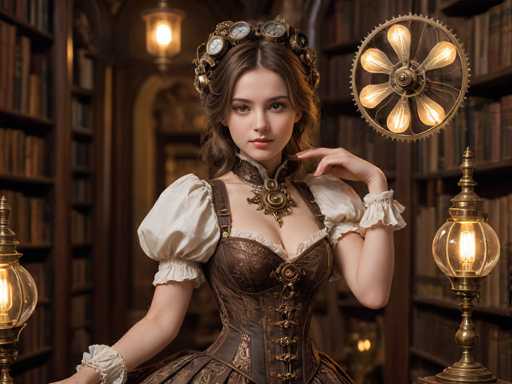 The image depicts a young woman, likely in her late teens or early twenties, standing in the center of a dimly lit, ornate library. She is dressed in a Victorian-style corset dress with a brown and gold pattern, featuring puffy white sleeves and a high collar. Her hair is styled in an elaborate updo adorned with clock faces, gears, and other steampunk elements, giving it a distinct Victorian aesthetic. The woman's expression is neutral, and she gazes directly at the camera with her left hand raised to her chin. The background is filled with tall bookshelves lined with books, and the room is illuminated by several old-fashioned gas lamps, including a prominent one on the right side of the image. The overall atmosphere is dark and mysterious, with a color palette dominated by browns, whites, and golds.