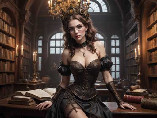 In this AI-generated image, a woman is seated at a desk in a dimly lit, ornate library. She wears a striking, elaborate crown adorned with gold jewels and intricate designs, complementing her long, curly brown hair. Her attire is a dark brown corset with puffy sleeves, paired with a matching skirt and gloves that extend to her elbows. She also sports a choker necklace and glasses, adding to her unique appearance. The library around her is filled with tall bookshelves brimming with old books, and the room is illuminated by a chandelier hanging from the ceiling and candles on the desk. The woman's expression is one of boredom or disinterest as she gazes directly at the camera.
