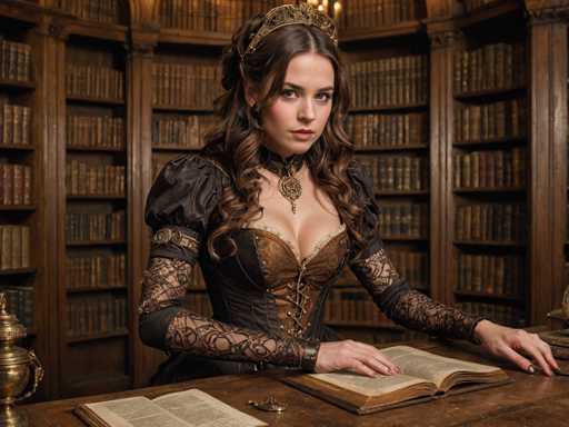In this detailed photograph, a young woman, likely in her early 20s, is seated at a wooden desk in a grand library. She is dressed in an elaborate, old-fashioned Victorian-style gown that features a low-cut neckline, lace sleeves, and a corset-like bodice. Her long, dark brown hair is styled in an updo with loose curls framing her face, and she wears a delicate tiara or crown. Around her neck, she has a choker with a large, ornate pendant. The woman is deeply engrossed in an open book on the desk, her hands resting on its pages. The library behind her is filled with tall, dark wooden bookshelves packed with old, leather-bound tomes, creating a rich, scholarly atmosphere. The scene is well-lit, highlighting the intricate details of her attire and the surrounding environment.
