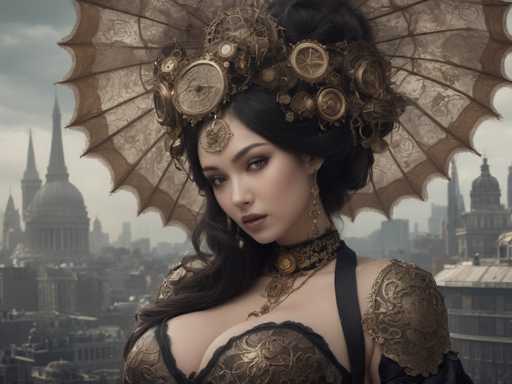 The image depicts a strikingly beautiful woman with long, dark hair styled in an elaborate updo. She wears an intricate headdress adorned with numerous gears, cogs, and clock faces, giving it a steampunk aesthetic. A delicate, translucent umbrella-like structure extends from the back of her head, adding to the ethereal quality of her appearance. Her attire is equally elaborate, featuring a black and gold corset with intricate designs, and she accessorizes with long, dangling earrings and a choker necklace. The background reveals a cityscape with tall buildings, suggesting she is perched on a high vantage point, possibly a rooftop. The overall scene blends elements of fantasy and Victorian-era fashion, creating a captivating and detailed portrait.