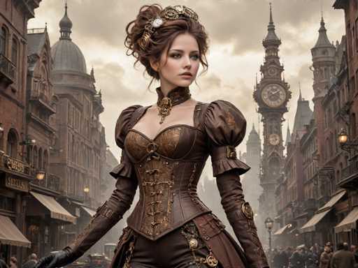 The image depicts a young woman, likely in her early 20s, standing in the middle of a bustling city street. She is dressed in an elaborate, steampunk-inspired outfit that features a brown corset with intricate gold and bronze accents, including buckles and chains. Her attire is complemented by long, puffy sleeves that are brown leather, matching her corset, and black leather gloves. Her hair is styled in an updo with a few loose strands framing her face, and she wears a headpiece adorned with gears and clocks. Around her neck is a choker necklace with a prominent gear pendant. The background reveals a cloudy, gray sky and a cityscape filled with tall, brown buildings, some of which have clock towers. The street is lined with shops, and people can be seen walking around, adding to the lively atmosphere of the scene.