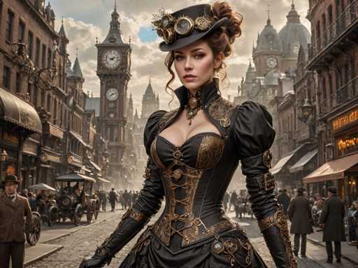 The image depicts a Victorian-era city street bustling with horse-drawn carriages and pedestrians. The scene is dominated by tall, brown buildings adorned with numerous clocks, including a prominent clock tower in the background. The sky is a mix of blue and gray, with clouds adding to the atmospheric depth.

In the foreground stands a striking woman, likely in her 20s or 30s, with fair skin and brown hair styled in an elaborate updo. She wears a black top hat adorned with multiple clocks, and her attire is equally intricate. Her dress is a combination of black and gold, featuring a bustier-like top with puffy sleeves and a corset-like bodice. She accessorizes with long black gloves that extend to her elbows, each decorated with gold accents. A choker necklace with a pendant adorns her neck, and additional gold embellishments can be seen on her dress and gloves.

The woman's expression is serious, and she gazes directly at the camera, creating a focal point amidst the historical setting. The overall scene evokes a sense of a bustling, yet timeless, Victorian cityscape, with the woman as its captivating centerpiece.