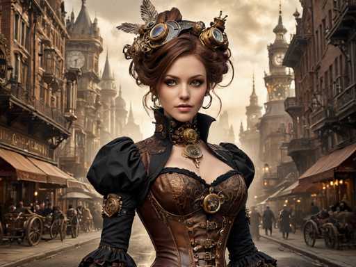 The image depicts a highly detailed, computer-generated scene of a Victorian-era city street, reminiscent of London. The background features a cloudy sky and a row of tall, brown buildings with intricate architectural details, including clock towers and spires. The street is lined with horse-drawn carriages and people walking, adding to the historical ambiance.

In the foreground stands a young woman, likely in her early 20s, with fair skin and brown hair styled in an elaborate updo. She wears a striking, steampunk-inspired outfit that combines elements of leather and metal. Her dress features a high collar, puffy sleeves, and a corset-like bodice with buckles and clasps. The dress is primarily brown with black accents, and it includes a choker adorned with a large medallion. Her hair is decorated with feathers, wings, and various metal ornaments, including a prominent blue gemstone set in a metal frame. The overall aesthetic of the image blends historical and fantastical elements, creating a unique and captivating visual experience.