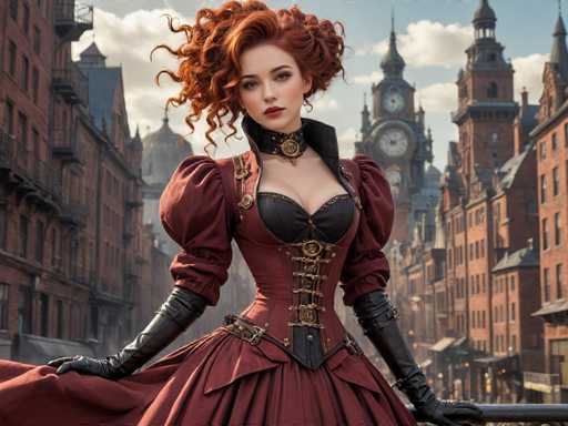 The image depicts a young woman with striking red hair styled in a voluminous, poofy updo. She is adorned in a Victorian-inspired outfit, featuring a black bustier with intricate gold trim and a corset-like bodice. Her dress is a rich burgundy or maroon color, with puffy sleeves that taper into black leather gloves extending up to her elbows. A black choker with a gold medallion graces her neck, adding to her elegant appearance. She stands confidently on a balcony, gazing directly at the camera with a composed expression. The backdrop reveals a bustling cityscape with tall, red brick buildings, some adorned with clock towers and spires, suggesting a European setting. The sky above is a mix of blue and white clouds, enhancing the overall picturesque quality of the scene.