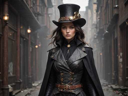 In this detailed image, a woman stands confidently in the middle of a narrow, old-fashioned alleyway, flanked by tall, brown brick buildings that evoke a Victorian or Western aesthetic. She is dressed in a striking, all-black ensemble that includes a high-collared leather jacket adorned with numerous gold buttons, a matching black leather vest, and a long black leather cape. Her outfit is cinched at the waist with a brown belt featuring a prominent gold buckle. She wears a tall black top hat, embellished with a brown leather band and several gold medallions, and her long, wavy brown hair cascades down to her shoulders. The woman's face is made up with pink lipstick, and she gazes directly at the camera with a serious expression. The alleyway around her is dimly lit, with a few lit lanterns hanging from the buildings, adding to the atmospheric, almost gothic ambiance of the scene.