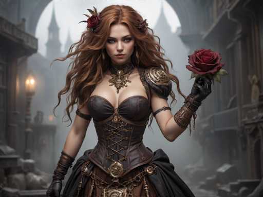 The image depicts a highly detailed, computer-generated or AI-generated fantasy scene featuring a striking woman with long, wavy red hair adorned with flowers and feathers. She stands in the center of a dark, medieval-style cityscape, framed by an archway that reveals distant spires and towers. The woman is dressed in a revealing, corset-like outfit made of brown leather or fabric, laced up the front and complemented by a large, ornate necklace. She wears black leather gloves and a leather shoulder pad on her left arm, which is bent at the elbow, holding a red rose. Her right arm hangs straight down by her side. The background is shrouded in fog, adding to the mysterious and enchanting atmosphere of the scene.