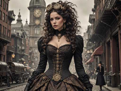 In this detailed image, a woman stands prominently in the foreground of a bustling city street, evoking a sense of Victorian-era charm with a futuristic twist. She is dressed in an elaborate black gown adorned with intricate gold accents, including a corset-like bodice and a large, ornate belt featuring a circular buckle. Her long, curly brown hair is styled in an updo, and she wears striking steampunk goggles on her forehead, complemented by a choker necklace with a pendant. Her makeup is bold, with dark red lipstick and heavy eye makeup, giving her a serious expression as she gazes slightly to the left.

The background reveals a cityscape with tall, multi-story buildings, some with clock towers, and others with balconies. The street is lined with horse-drawn carriages and other pedestrians, including a man in a top hat and black suit standing to her right. The scene is set under a gray, overcast sky, adding to the atmospheric depth of the image. The overall color palette is dominated by shades of black, gray, and brown, with the woman's attire and accessories providing striking contrasts.