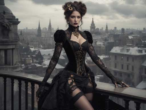 In this evocative image, a woman is elegantly posed on a wooden balcony, her body angled to the right while her head faces forward, engaging directly with the viewer. She is adorned in a striking black dress, intricately designed with lace sleeves and a lace skirt that flows gracefully around her. The dress features a corset-like bodice, accentuated by a prominent gold clasp at the center, adding a touch of opulence to her ensemble. Her dark hair is styled into an elaborate updo, with a few tendrils softly framing her face, and she wears a pair of delicate gold barrettes that catch the light. Her lips are painted a deep, rich red, enhancing her poised and sophisticated appearance. The backdrop reveals a cityscape with numerous buildings, their rooftops visible, under a sky filled with dark, brooding clouds, suggesting an impending storm. The overall atmosphere of the image is one of quiet intensity and timeless beauty.