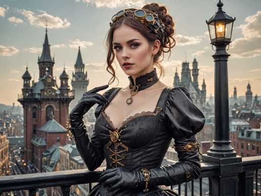 A woman dressed in a black dress with gold accents stands on a balcony overlooking a cityscape of tall buildings and a clock tower. She wears a steampunk-inspired outfit that includes a corset, goggles, and gloves.