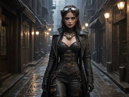 In this striking image, a woman stands confidently in the middle of a narrow, cobblestone street, flanked by tall, brown buildings that evoke a sense of an old European city, possibly reminiscent of London. The street is dimly lit by lanterns mounted on the buildings, casting a warm glow that highlights the wet cobblestones, suggesting recent rain. The woman, who appears to be in her 20s or 30s, has long, dark brown hair styled in a bun with a few loose strands framing her face. She wears a pair of steampunk-style goggles perched atop her head, adding a touch of vintage flair to her ensemble.

Her outfit is a detailed, black leather corset adorned with numerous buckles, chains, and metal accents, complemented by a matching leather jacket and pants. She also sports black leather gloves, and around her neck, she wears a choker with a prominent medallion. The overall aesthetic of her attire and the setting suggests a scene from a science fiction or fantasy movie, possibly something like "The Matrix." The woman gazes directly at the camera with a serious expression, her eyes dark and enigmatic, enhancing the mysterious and captivating atmosphere of the image.